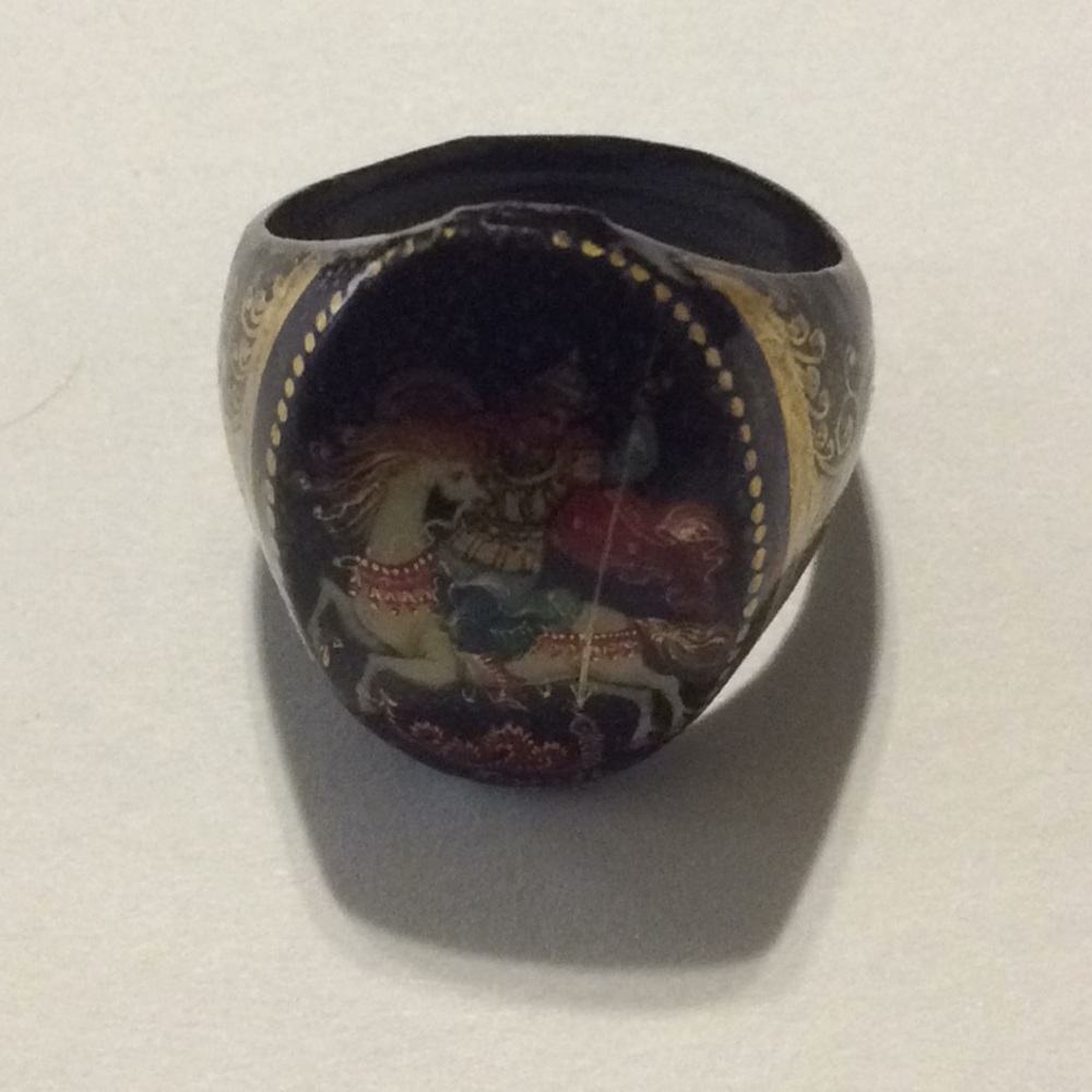 Hand carved Russian Fedeskino style Ring.